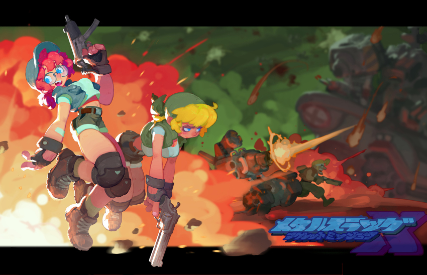 1boy, 2girls, blonde_hair, blue_eyes, crop_top, explosion, fingerless_gloves, fio_germi