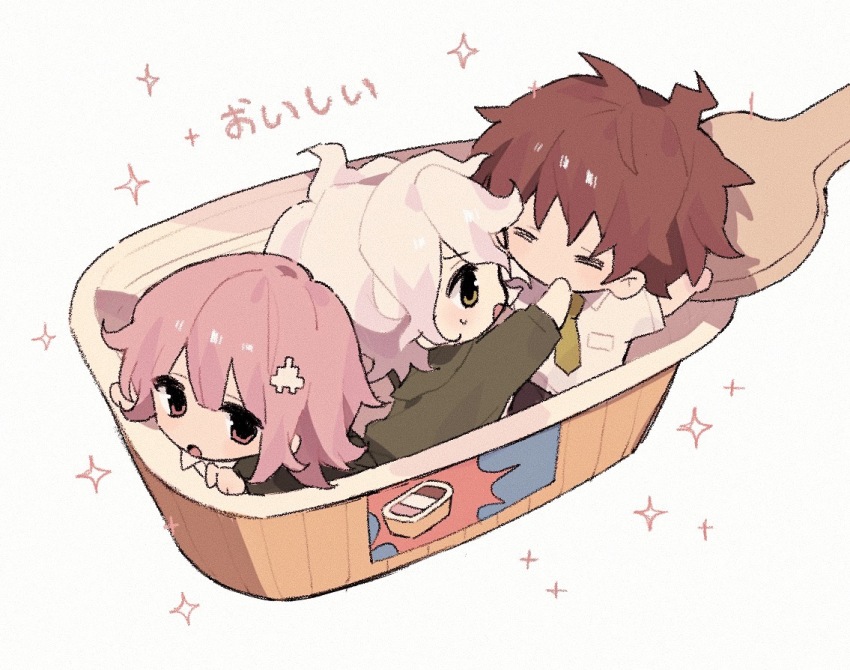 1girl, 2boys, ahoge, black_pants, breast_pocket, brown_hair, chibi, collared_shirt