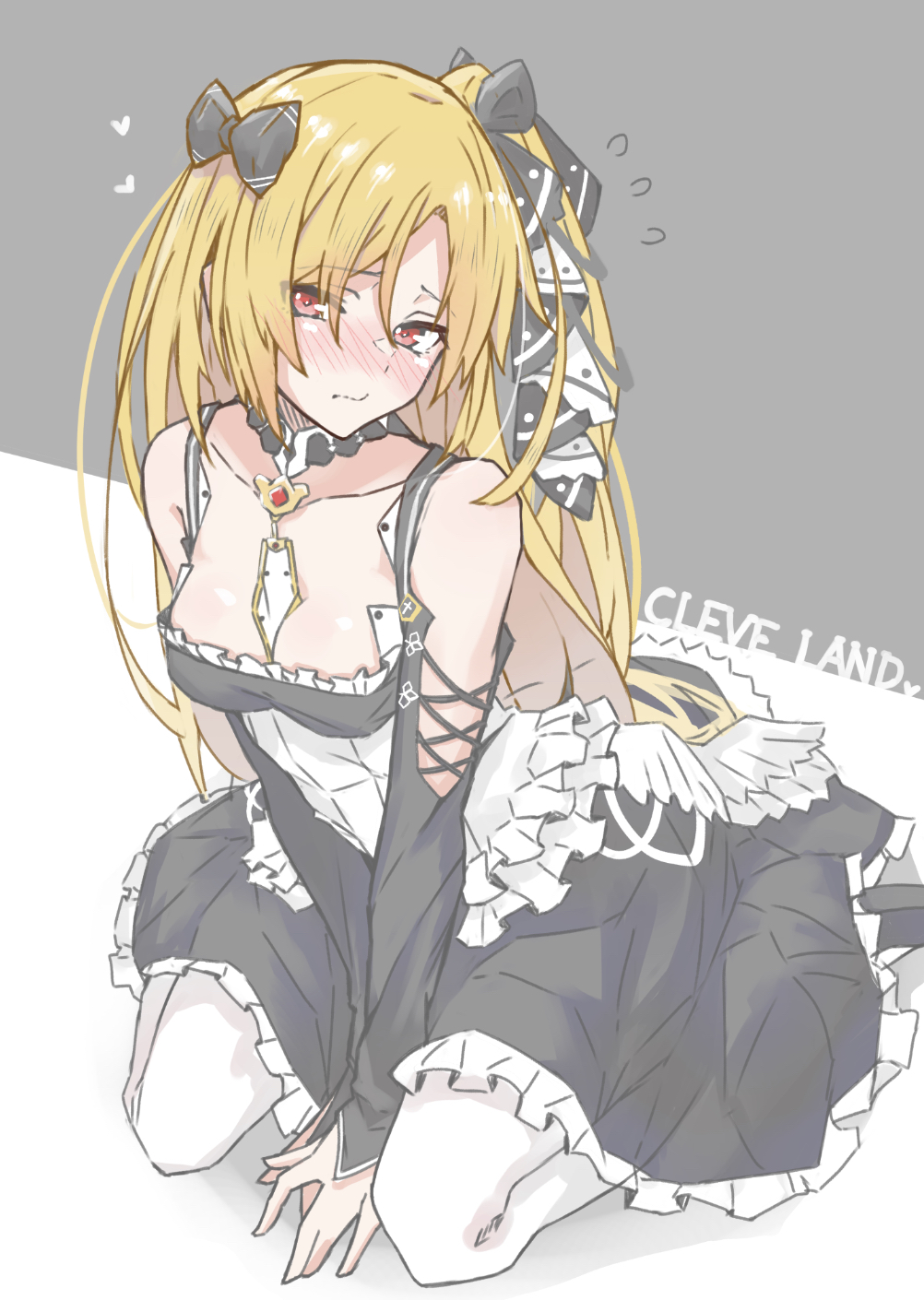 1girl, :s, alternate_costume, apron, azur_lane, bare_shoulders, black_bow, black_dress