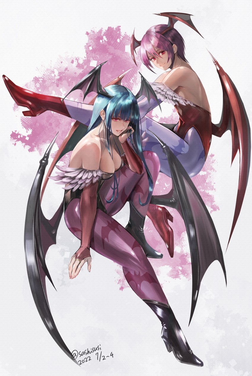 2girls, absurdres, animal_print, bat_print, bat_wings, boots, bridal_gauntlets, capcom, cosplay, darkstalkers, demon_girl, feather_trim, head_wings, high_heel_boots, high_heels, highres, oversized_wings, leotard, lilith_(darkstalkers), low_wings, morrigan_aensland, morrigan_aensland_(cosplay), multiple_girls, pantyhose, print_legwear, print_pantyhose, purple_hair, purple_legwear, purple_wings, red_eyes, red_leotard, sushi_(sashimise), wings