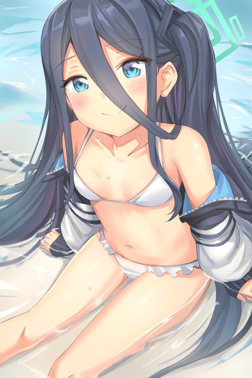 1girl, absurdly_long_hair, absurdres, aris_(blue_archive), beach, bikini, black_hair, blue_archive