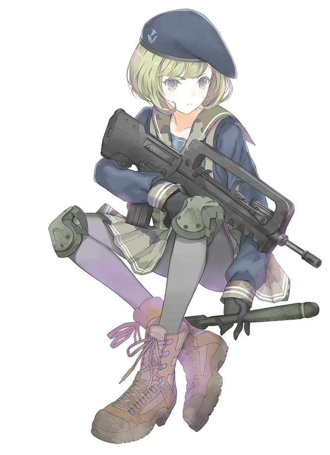 1girl, apav_40, assault_rifle, blue_shirt, bullpup, clariss_santini, crimson_(cxrss377), explosive, explosive_weapon, famas, giat_industries, green_eyes, green_hair, grenade, gun, hair_ornament, hairclip, hat, little_armory, long_gun, multicolored_eyes, official_art, pantyhose, plated_skirt, rifle, rifle_grenade, school_uniform, shirt, simple_background, skirt, tomytec, two-tone_eyes, weapon, yellow_eyes