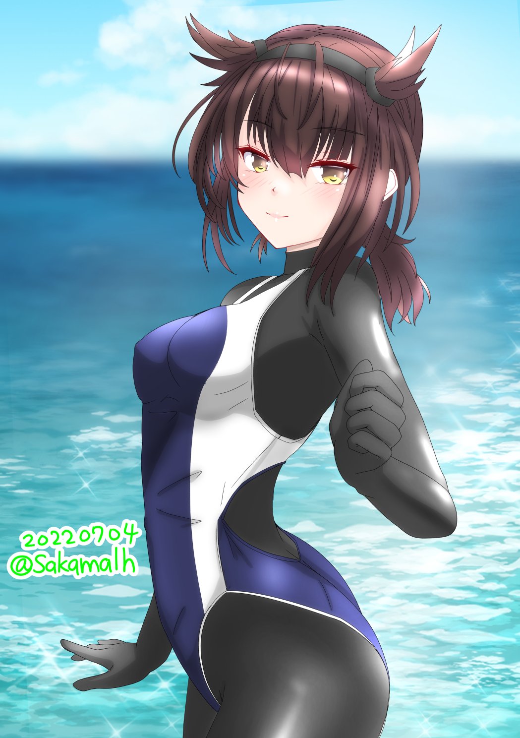 1girl, artist_name, black_bodysuit, black_headband, blue_one-piece_swimsuit, blue_sky, bodysuit, brown_hair