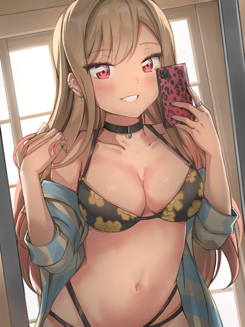 1girl, absurdres, barbell_piercing, bikini, black_bikini, black_choker, blonde_hair, blush, breasts, cellphone, choker, cleavage, collarbone, cowboy_shot, ear_piercing, earrings, eru_(aeeu2243), grin, hair_between_eyes, highres, holding, holding_phone, jewelry, kitagawa_marin, long_hair, long_sleeves, looking_at_viewer, medium_breasts, multi-strapped_bikini, multi-strapped_bikini_bottom, nail_polish, navel, open_clothes, open_shirt, phone, piercing, pink_nails, print_bikini, red_eyes, smartphone, smile, solo, sono_bisque_doll_wa_koi_wo_suru, standing, straight_hair, swimsuit, very_long_hair