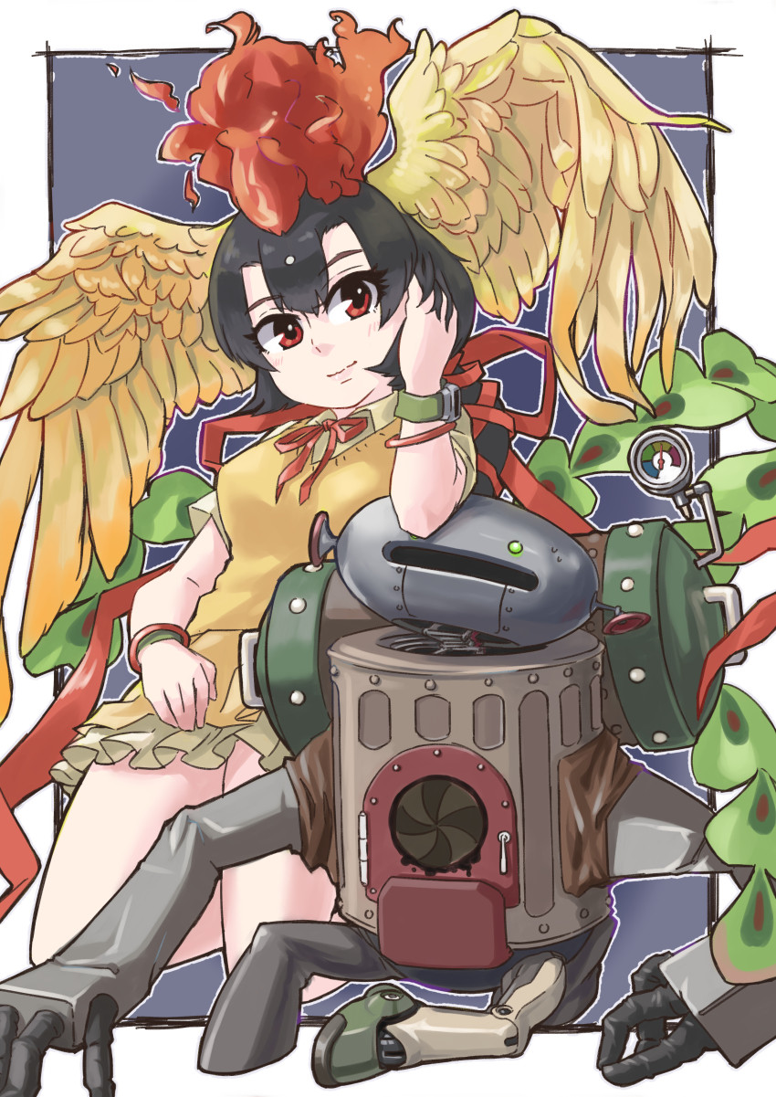 1girl, absurdres, black_hair, cardigan, closed_mouth, hair_ornament, hi_no_tori_(kemono_friends), highres