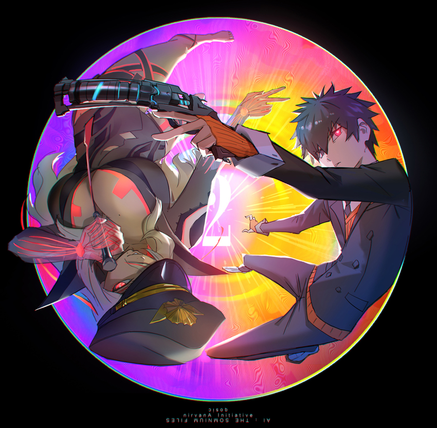 1boy, 1girl, ai_the_somnium_files, ai_the_somnium_files:_nirvana_initiative, black_eyes, black_hair, black_headwear, black_jacket, black_pants, breasts, copyright_name, full_body, gun, hair_between_eyes, heterochromia, highres, holding, holding_gun, holding_weapon, jacket, large_breasts, long_hair, long_sleeves, looking_at_viewer, mole, mole_on_breast, orange_sweater, pants, qosic, red_eyes, ryuki_kuruto, short_hair, sleeves_past_wrists, smile, sweater, tama_(ai_the_somnium_files), upside-down, v, weapon, white_hair