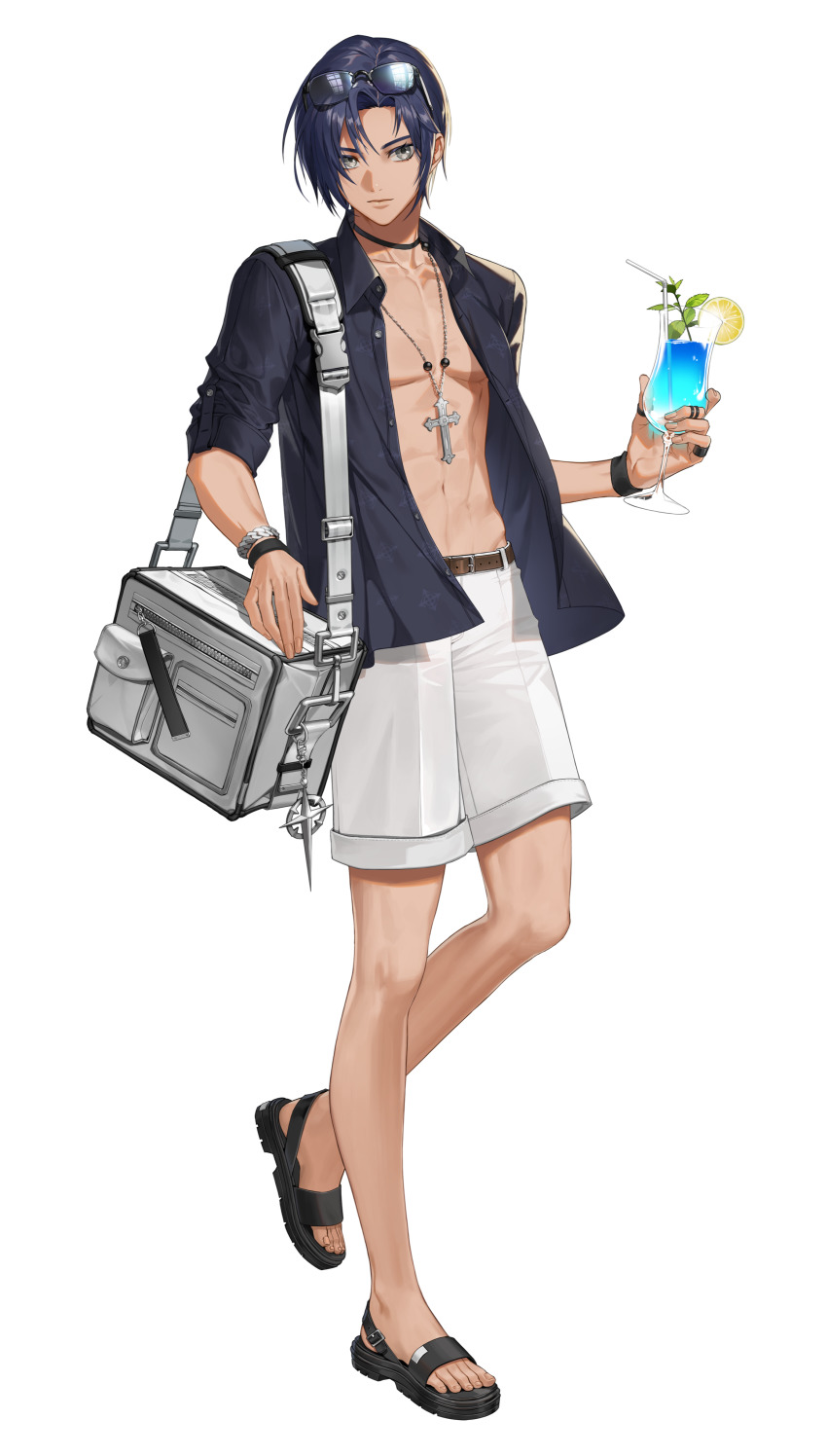 1boy, absurdres, artist_request, bag, belt, black_choker, black_sandals, black_survival, blue_hair, brown_belt, choker, closed_mouth, cross, cross_necklace, cup, dark_blue_hair, eyewear_on_head, full_body, glasses, grey_eyes, highres, holding, holding_cup, jewelry, johann_(black_survival), male_focus, necklace, official_art, open_clothes, open_shirt, sandals, short_hair, shorts, shoulder_bag, simple_background, solo, standing, transparent_background, white_shorts