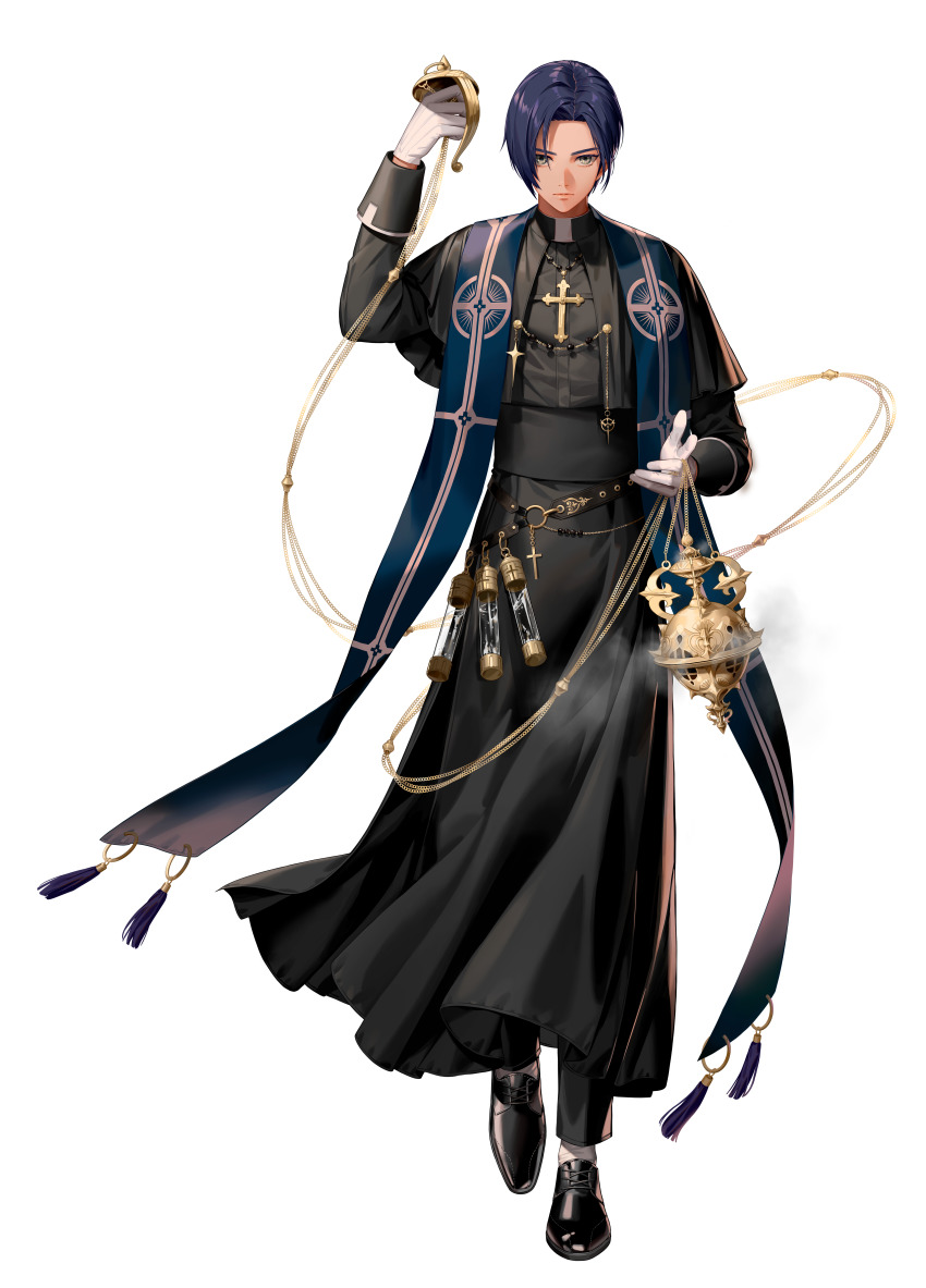 1boy, absurdres, bad_source, black_shoes, black_survival, blue_hair, incense_burner, closed_mouth, dark_blue_hair, ddollydonut, full_body, gloves, grey_eyes, hand_up, highres, johann_(black_survival), long_sleeves, looking_at_viewer, male_focus, official_art, priest, shoes, short_hair, simple_background, solo, standing, transparent_background, white_gloves