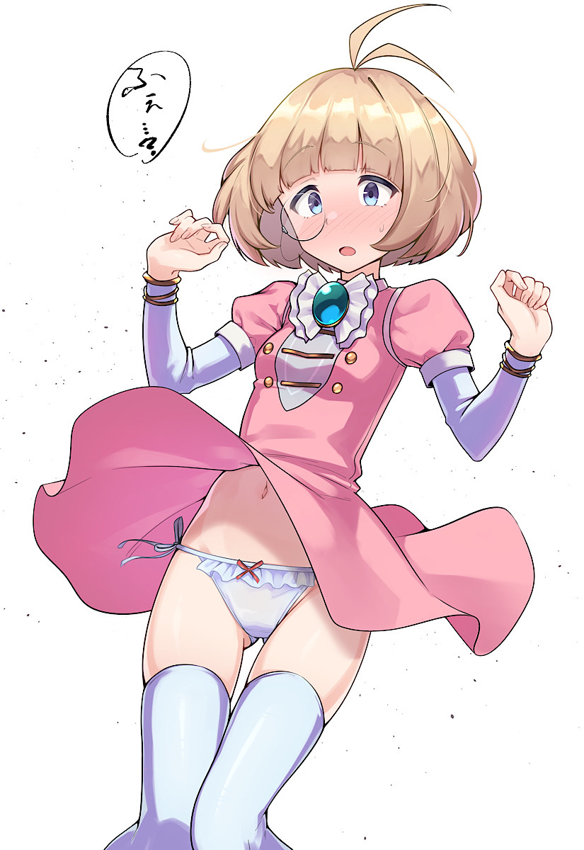 1girl, andromalius_(megido72), antenna_hair, blonde_hair, blue_eyes, blush, bob_cut, breasts, clothes_lift, female_focus, highres, megido72, monocle, panties, short_hair, side-tie_panties, skirt, skirt_lift, small_breasts, solo, thighhighs, translated, underwear, white_background, white_panties, white_thighhighs, yotubeya