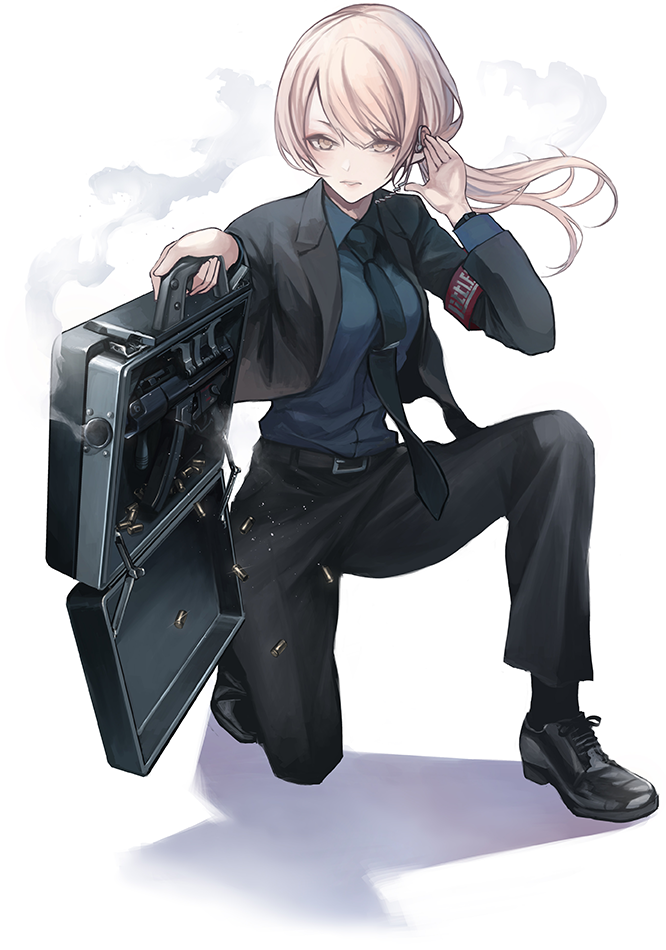 9x19mm_parabellum, attache_case, belt, black_suit, blonde_hair, blue_shirt, briefcase, briefcase_gun, shell_casing, business_suit, earpiece, formal_clothes, gun, h&amp;k_mp5, h&amp;k_mp5k, heckler_&amp;_koch, kou_kainagi, little_armory, long_gun, miaki_kuruno, miharu_kino, mp5k_operational_briefcase, official_art, shirt, simple_background, smoke, smoking_barrel, socks, submachine_gun, suit, suitcase, suitcase_gun, tomytec, undershirt, watch, weapon, white_background, yellow_eyes