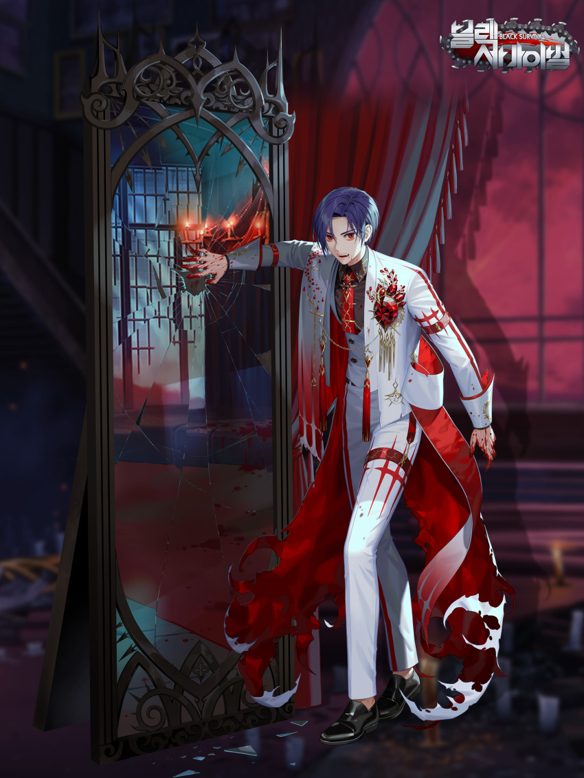 1boy, arm_at_side, black_shoes, black_survival, blood, blue_hair, broken_mirror, brown_shirt