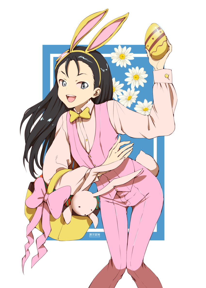 absurdres, alternate_eye_color, alternate_hair_color, alternate_hairstyle, animal_ears, apocalipsejack, basket, black_eyes