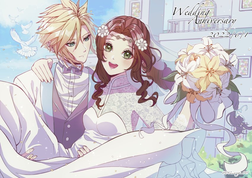 012_usagi, 1boy, 1girl, aerith_gainsborough, aqua_eyes, arm_around_shoulder, balcony, bird, blonde_hair, blush, bouquet, bow, bowtie, braid, braided_ponytail, breasts, brown_hair, building, carrying, cloud_strife, couple, dove, dress, final_fantasy, final_fantasy_airborne_brigade, final_fantasy_vii, final_fantasy_vii_remake, flower, formal_clothes, green_eyes, grey_vest, hair_between_eyes, hair_flower, hair_ornament, happy, head_chain, highres, holding, holding_bouquet, jacket, jewelry, lace, lace_sleeves, long_dress, long_hair, looking_at_another, looking_at_viewer, medium_breasts, official_alternate_costume, open_mouth, parted_bangs, princess_carry, shirt, short_hair, sidelocks, sky, smile, spiked_hair, square_enix, suit, teeth, tuxedo, upper_teeth_only, vest, waistcoat, wedding, wedding_dress, white_dress, white_flower, white_jacket, white_shirt, white_suit, yellow_flower