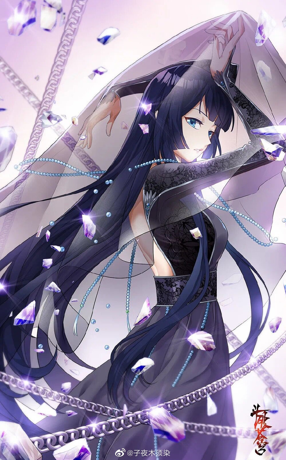1girl, back_cutout, beads, black_dress, black_veil, blue_hair, chain, clothing_cutout, cover, cover_page, crystal, doupo_cangqiong, dress, from_side, gu_xun_er_(doupo_cangqiong), highres, long_hair, looking_back, official_art, ren_xiang, scan, teeth, third-party_source, veil