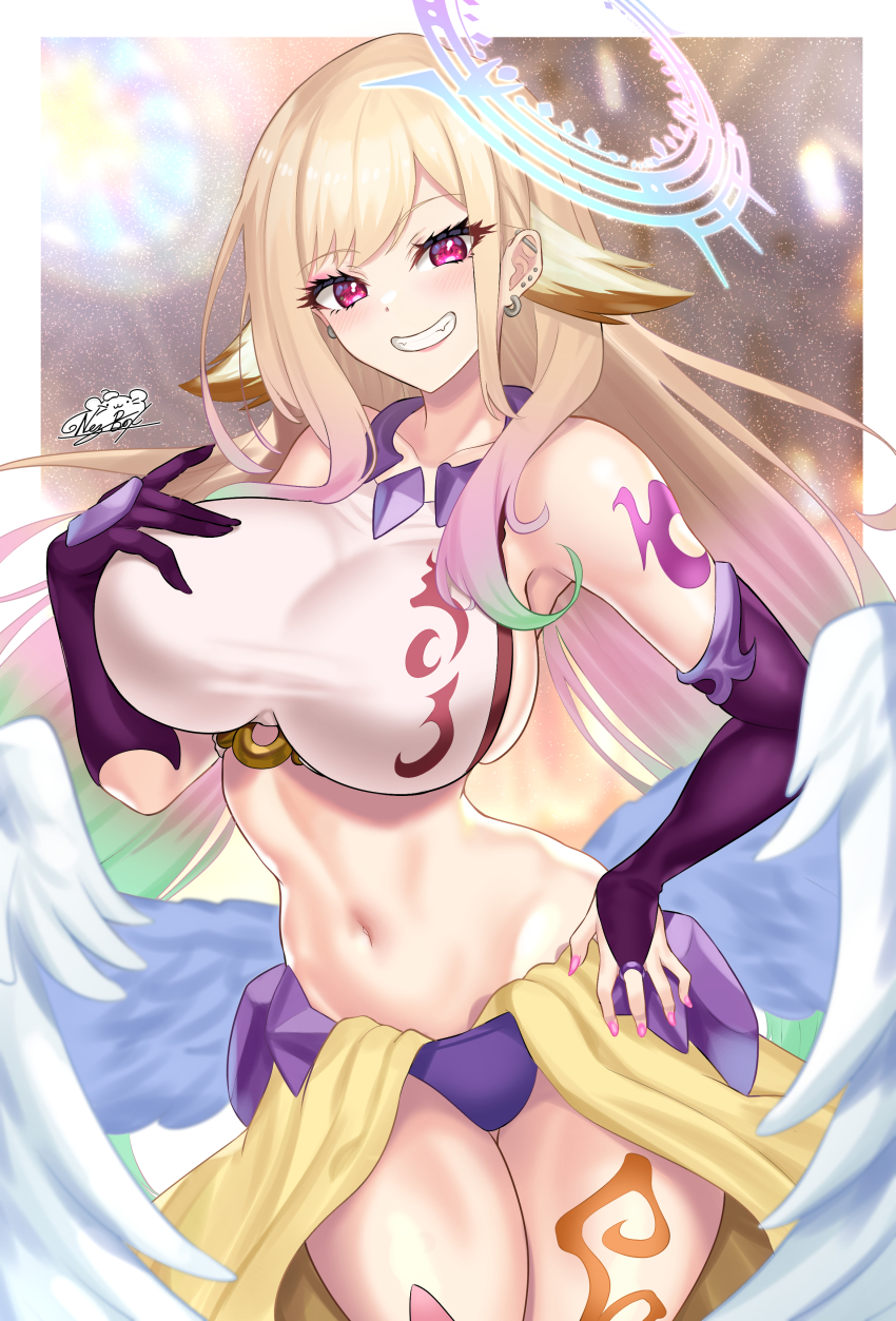 1girl, absurdres, angel_wings, barbell_piercing, bare_shoulders, blonde_hair, blush, breasts, bridal_gauntlets, collarbone, commentary, commission, cosplay, cowboy_shot, crop_top, ear_piercing, feathered_wings, gloves, gradient_hair, grin, groin, halo, hand_on_own_chest, hand_on_own_hip, highres, industrial_piercing, jibril_(no_game_no_life), jibril_(no_game_no_life)_(cosplay), kitagawa_marin, large_breasts, long_hair, looking_at_viewer, low_wings, midriff, multicolored_hair, nail_polish, navel, nez-box, no_game_no_life, panties, piercing, pink_nails, purple_gloves, purple_panties, red_eyes, shirt, sideboob, sidelocks, signature, single_bridal_gauntlet, single_glove, sleeveless, sleeveless_shirt, smile, solo, sono_bisque_doll_wa_koi_wo_suru, spiked_halo, swept_bangs, tattoo, taut_clothes, taut_shirt, teeth, underwear, vest, waistcoat, white_shirt, white_wings, wing_ears, wings