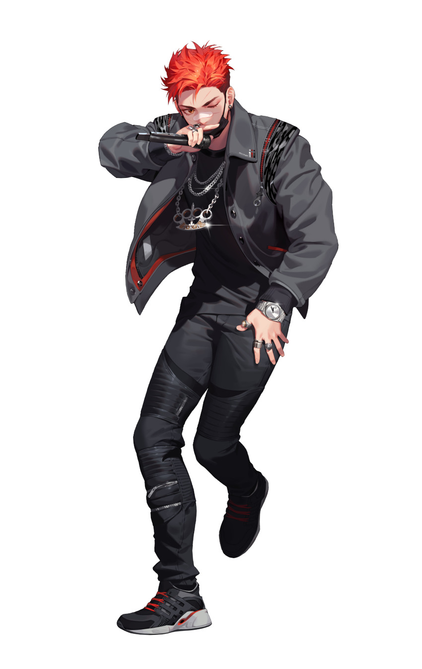 1boy, absurdres, artist_request, bad_source, black_pants, black_survival, chain, covered_mouth