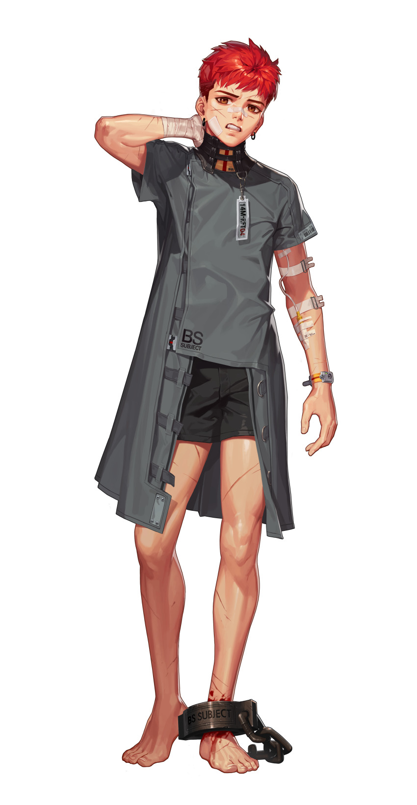 1boy, absurdres, arm_at_side, artist_request, bad_source, black_shorts, black_survival, blood