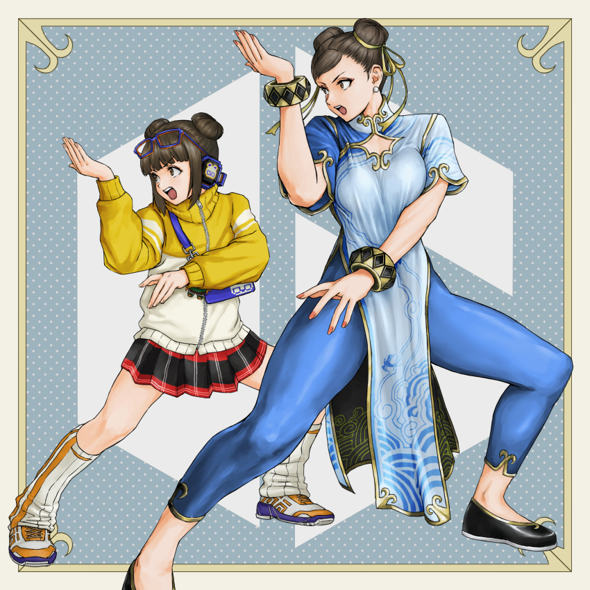 2girls, adoptive_parent_and_adoptive_child, bag, behind-the-head_headphones, black_skirt, blue-framed_eyewear, blue_dress, blue_legwear