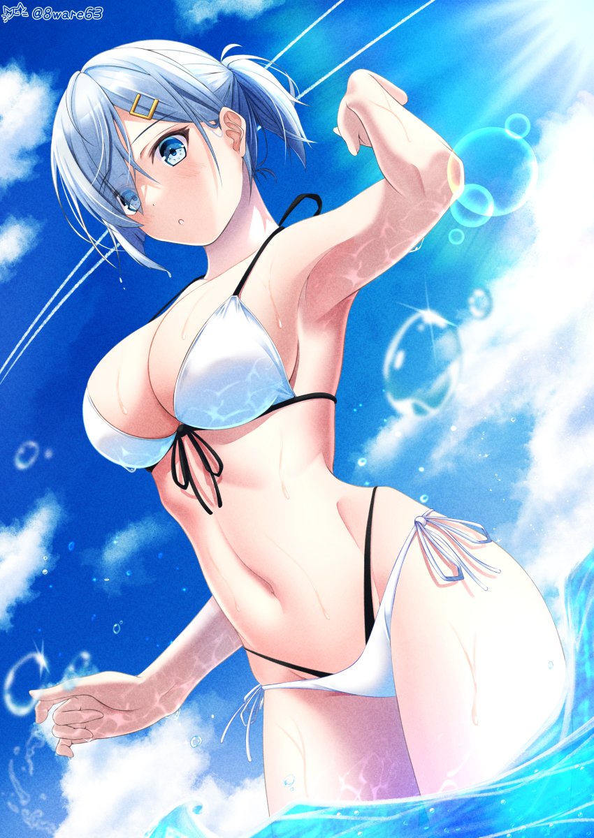 1girl, alternate_hairstyle, bikini, blue_eyes, blue_sky, breasts, cloud, cowboy_shot