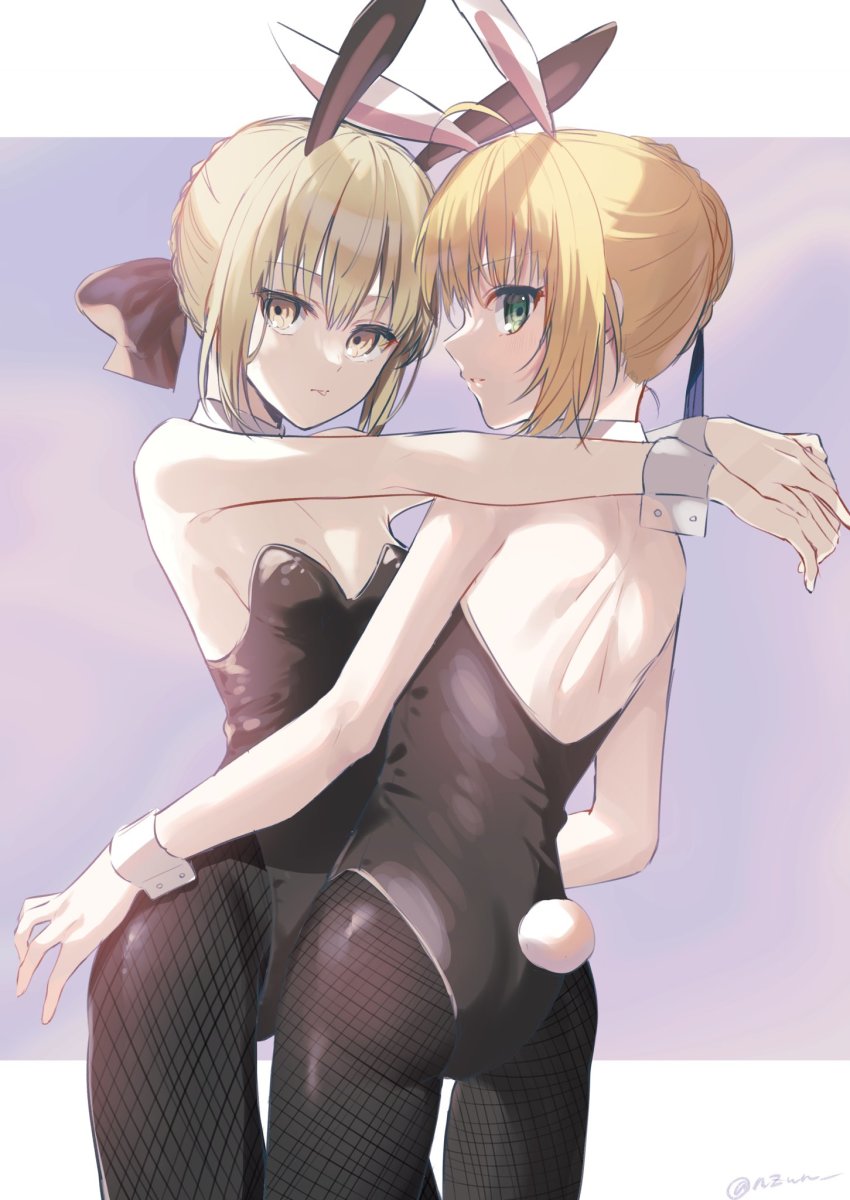 2girls, ahoge, animal_ears, artoria_pendragon_(fate), ass, bare_shoulders, black_leotard, blonde_hair, bow, bowtie, breasts, cowboy_shot, detached_collar, fake_animal_ears, fake_tail, fate/stay_night, fate_(series), fishnet_legwear, fishnets, green_eyes, hair_ribbon, highres, leotard, looking_at_viewer, multiple_girls, nozawa_noko, pantyhose, playboy_bunny, rabbit_ears, rabbit_tail, ribbon, saber_(fate), saber_alter, strapless, strapless_leotard, tail, wrist_cuffs, yellow_eyes