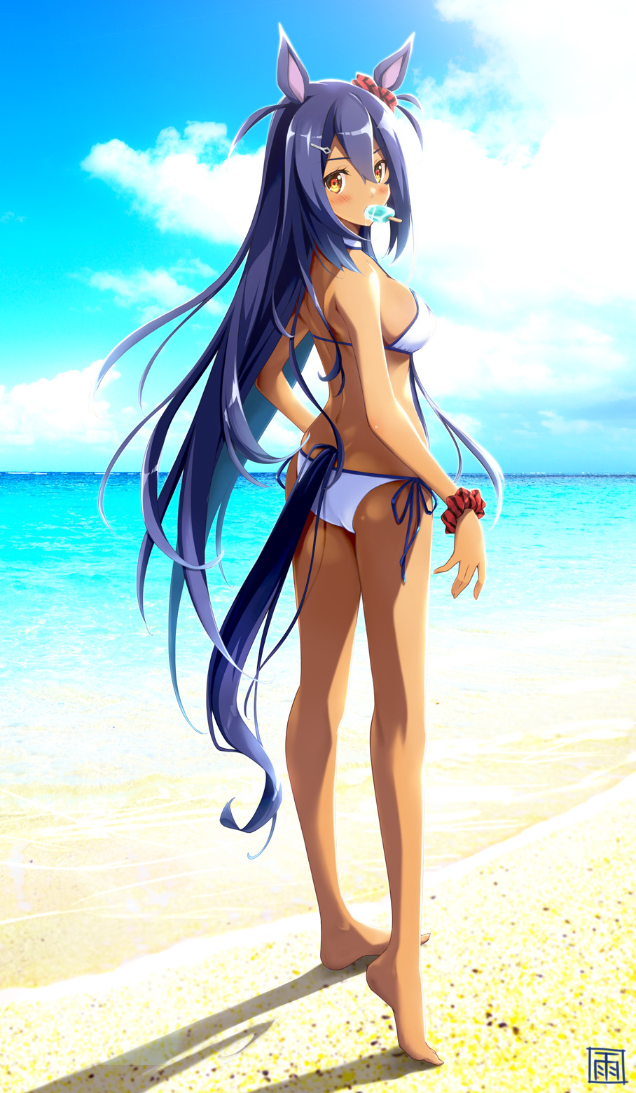 1girl, amane_soh, animal_ears, ass, barefoot, beach, bikini, bikini_day