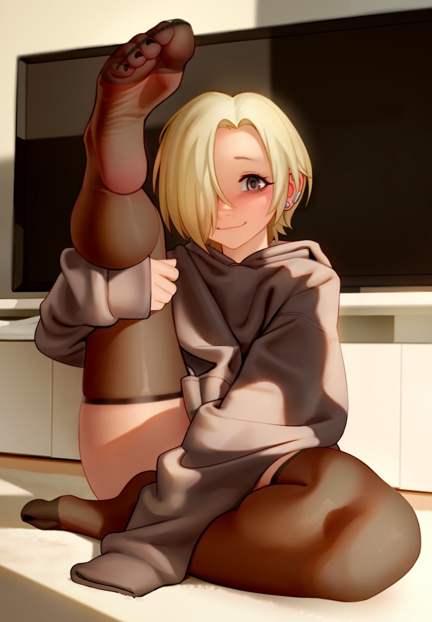 1girl, absurdres, black_hoodie, black_nails, blonde_hair, blush, brown_eyes, brown_thighhighs