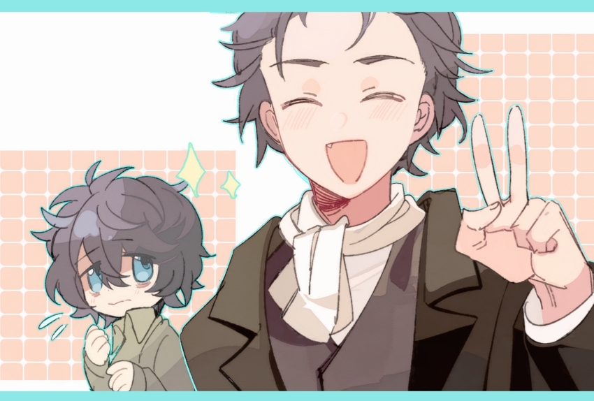 2boys, ascot, black_hair, black_jacket, blue_eyes, chinese_commentary, closed_mouth, collared_shirt