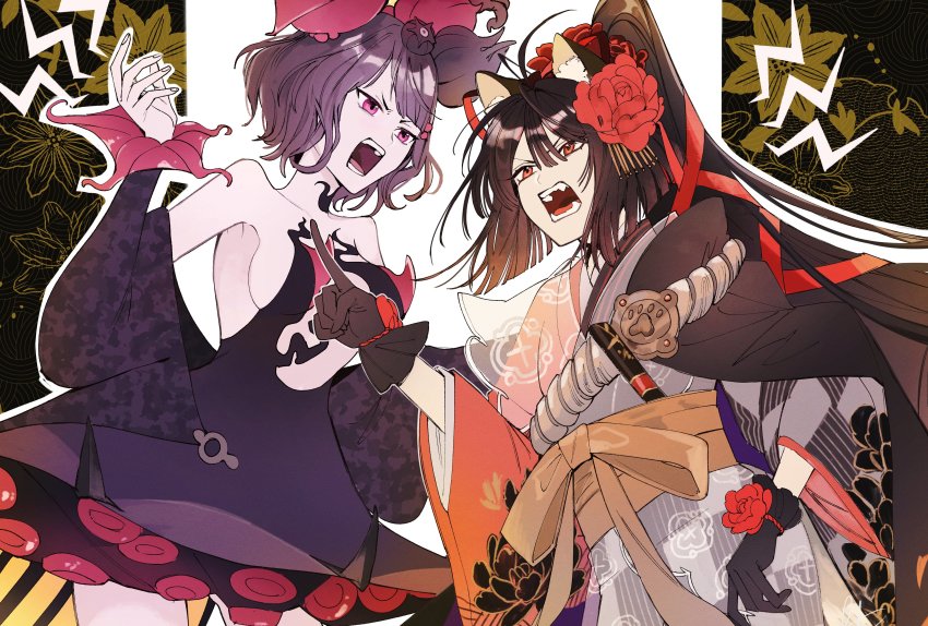 2girls, absurdres, ahoge, animal_ears, arguing, black_gloves, brown_hair, dog_ears