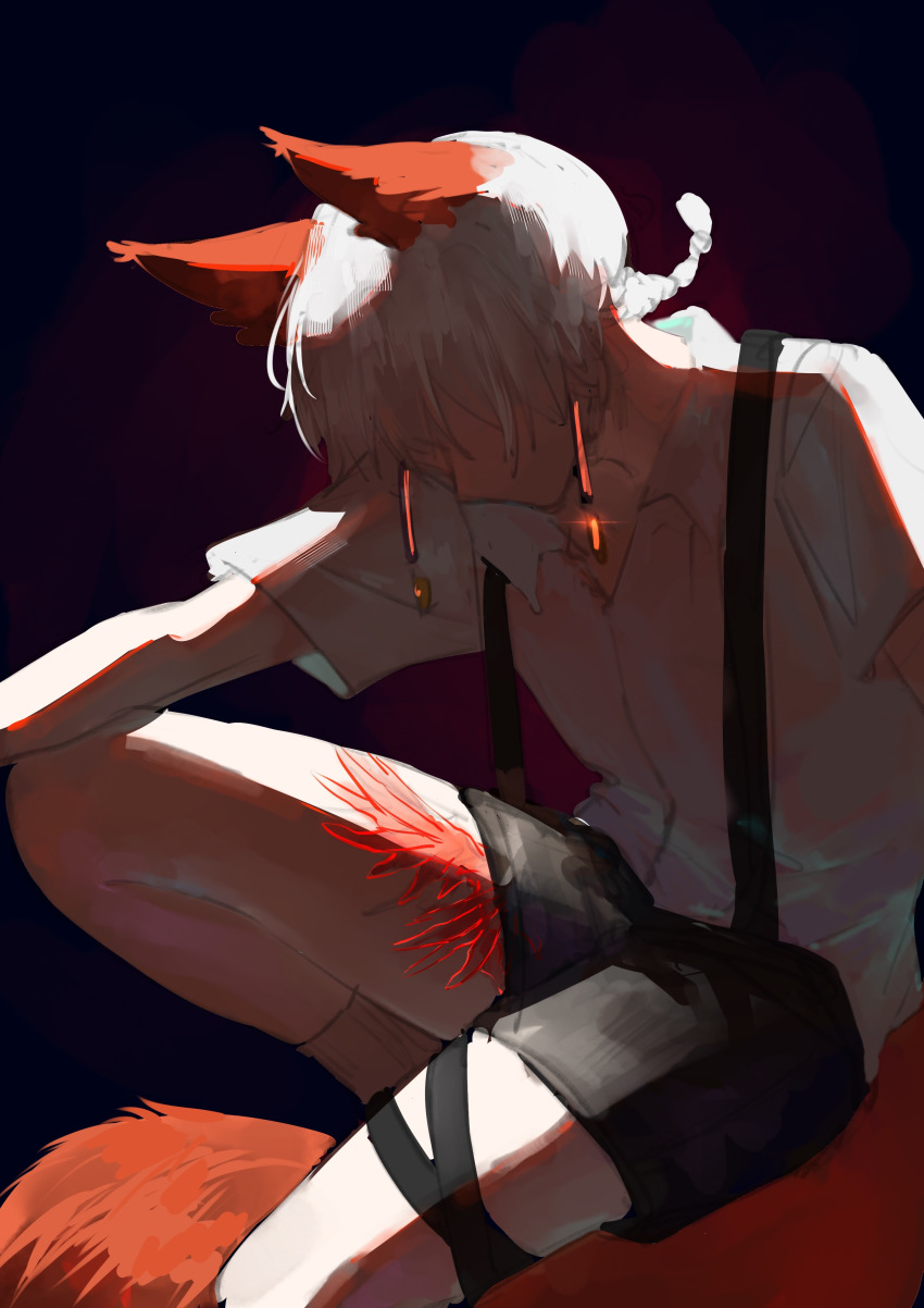 1boy, absurdres, bishounen, black_background, braid, collared_shirt, earrings, glowing, glowing_earrings, highres, jewelry, leg_wrap, legwear_garter, looking_down, male_focus, muchunsheng66274, shirt, short_sleeves, shorts, single_braid, sky:_children_of_the_light, sky_child, suspender_shorts, suspenders, thigh_strap, white_shirt