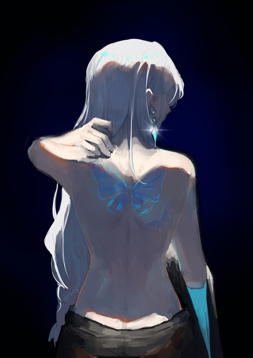 1girl, absurdres, back, back_focus, earrings, glowing, glowing_earrings, grey_hair