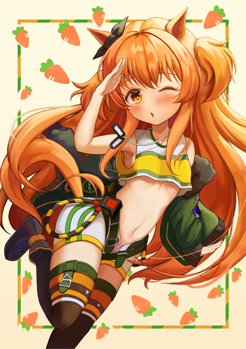 1girl, absurdres, animal_ears, bad_id, bad_pixiv_id, bomber_jacket, boots, breasts, commentary_request, dog_tags, giant_bat, highres, horse_ears, horse_girl, horse_tail, jacket, leg_up, long_hair, looking_at_viewer, mayano_top_gun_(scramble_zone)_(umamusume), mayano_top_gun_(umamusume), navel, one_eye_closed, orange_eyes, orange_hair, panties, pink_panties, shorts, simple_background, small_breasts, solo, tail, thighhighs, umamusume, underwear