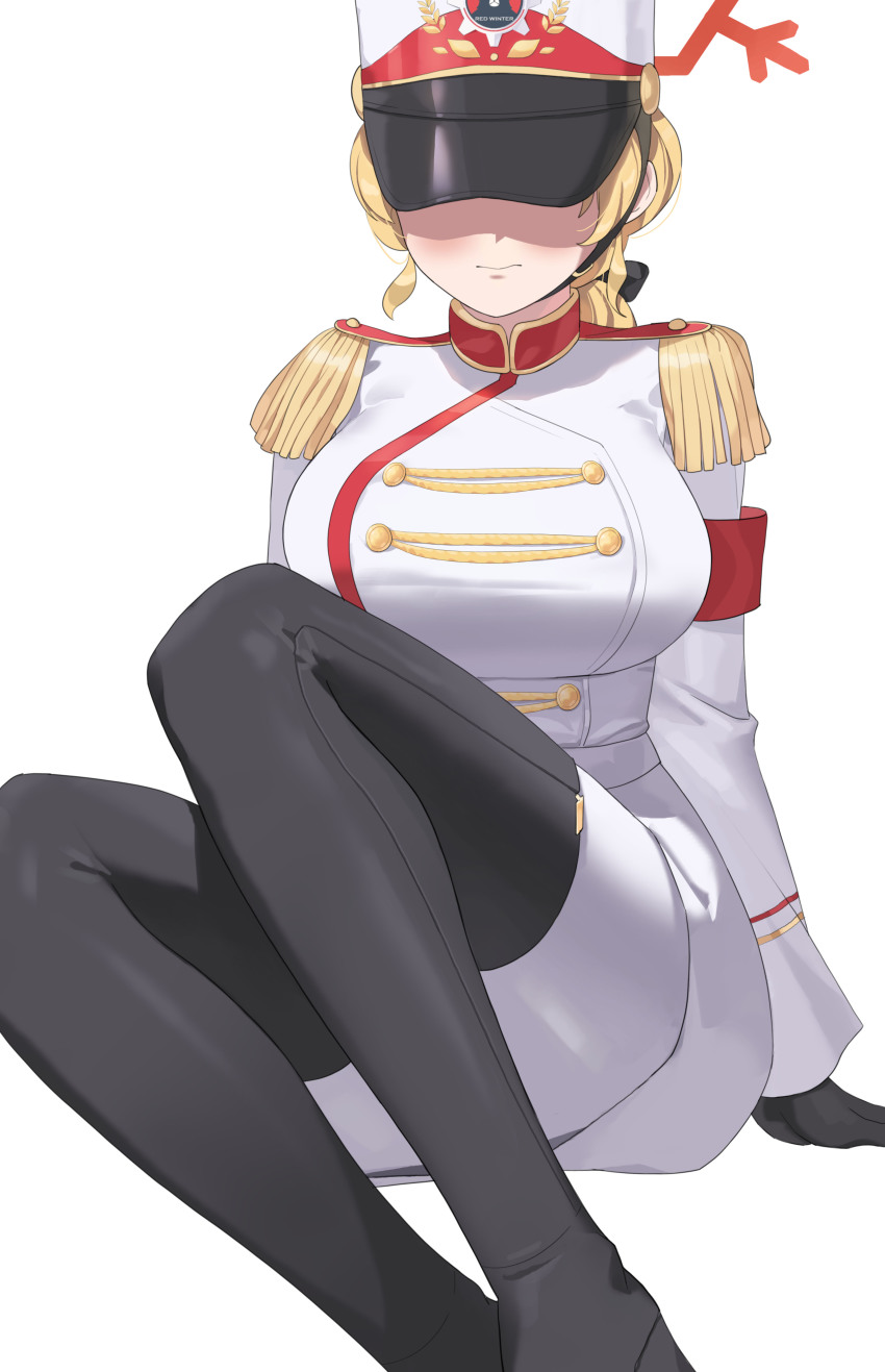1girl, absurdres, arm_support, armband, black_boots, black_gloves, blonde_hair, blue_archive, boots, closed_mouth, commentary_request, covered_eyes, epaulettes, extra, facing_viewer, feet_out_of_frame, gloves, hat, highres, knees_up, long_sleeves, red_winter_federal_academy_logo, red_winter_guard_(blue_archive), shako_cap, shirt, short_hair, simple_background, sitting, skirt, solo, thigh_boots, tomid, white_background, white_shirt, white_skirt