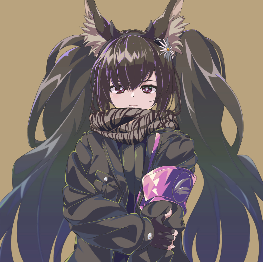 1girl, arknights, armband, black_hair, black_jacket, brown_background, brown_scarf, fingerless_gloves