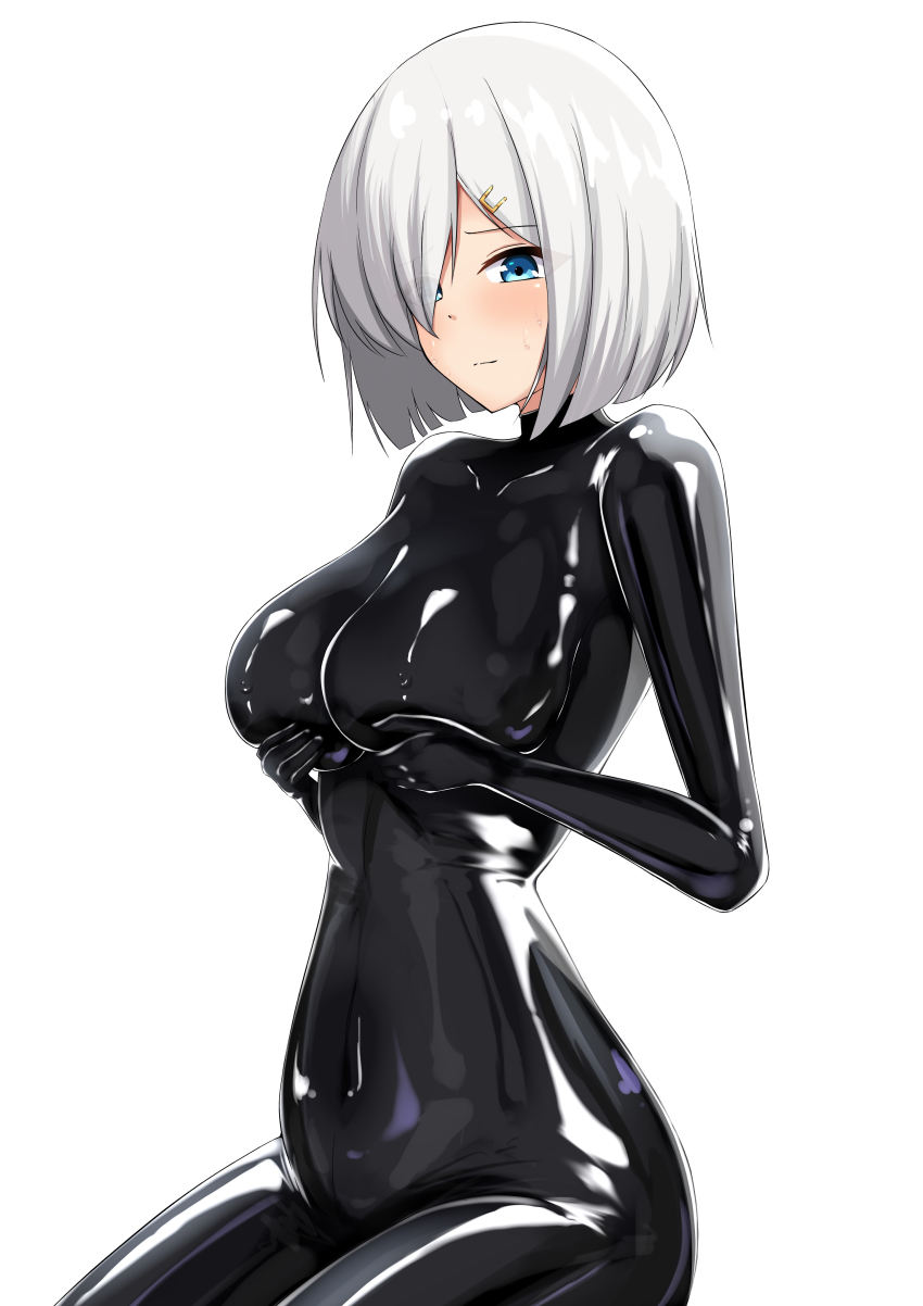 1girl, absurdres, black_bodysuit, blue_eyes, bodysuit, breast_lift, breasts, collarbone, covered_navel, closed_eyes, grey_hair, hair_ornament, hair_over_one_eye, hairclip, hamakaze_(kancolle), highres, hiuyec, impossible_bodysuit, impossible_clothes, kantai_collection, large_breasts, latex, latex_bodysuit, short_hair, simple_background, sitting, skin_tight, smile, solo, sweat, white_background