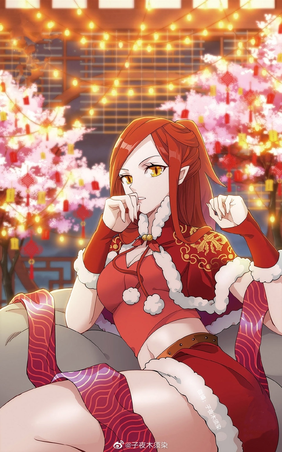 1girl, armband, bare_legs, bell, cai_lin_(doupo_cangqiong), capelet, christmas_dress, cotton_ball, doupo_cangqiong, fur_trim, highres, leaf, light, long_hair, official_art, red_capelet, red_hair, red_skirt, ren_xiang, sack, sitting, skirt, slit_pupils, streamers, third-party_source, tree, yellow_eyes