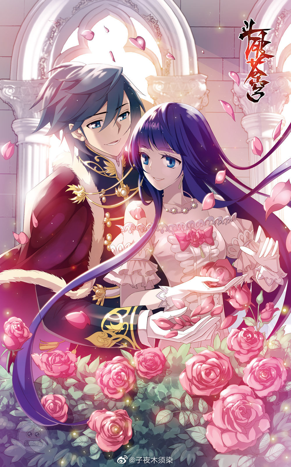 1boy, 1girl, blue_eyes, blue_hair, cape, doupo_cangqiong, dress, falling_petals