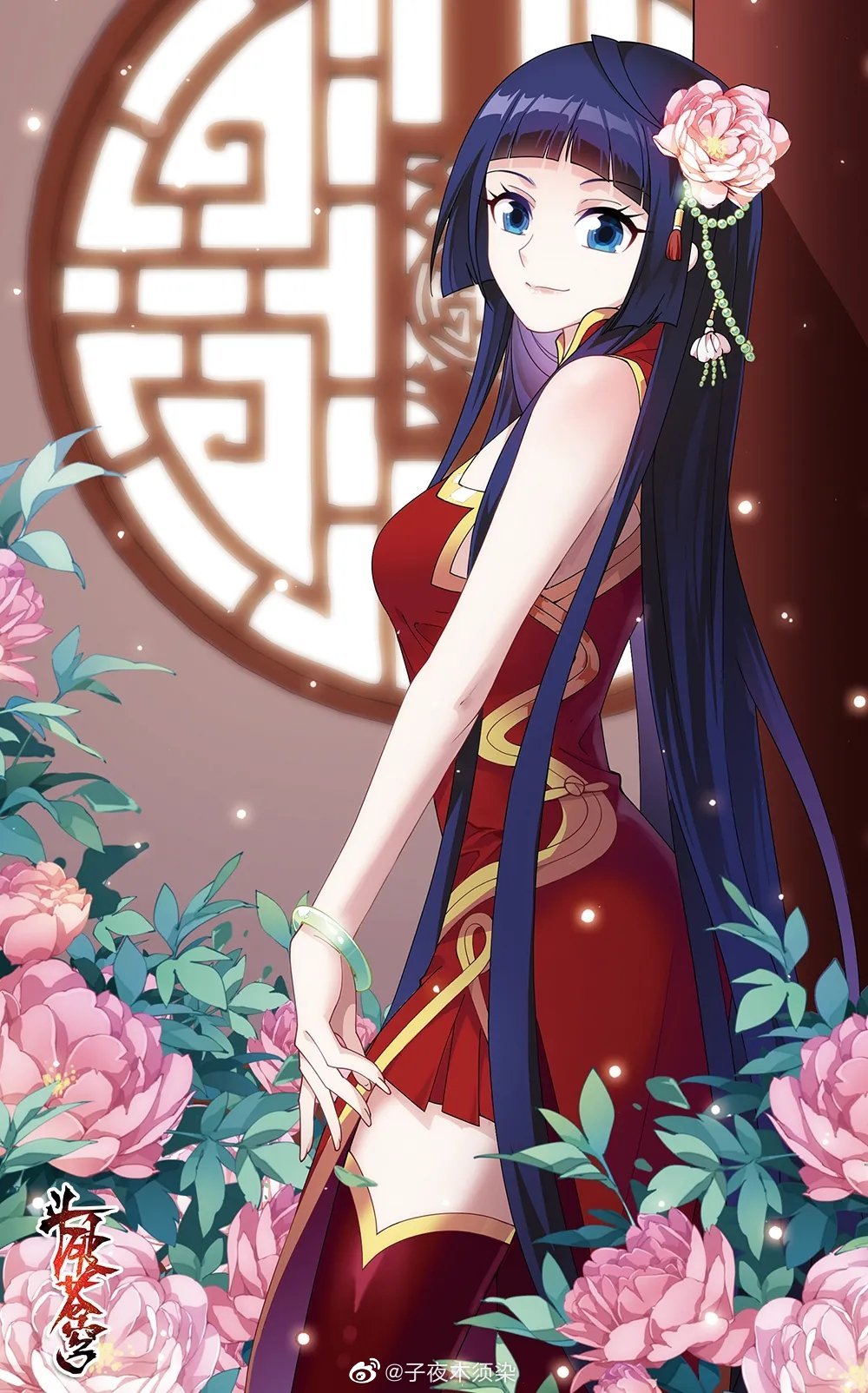1girl, beads, blue_eyes, blue_hair, bracelet, china_dress, chinese_clothes, clothing_cutout