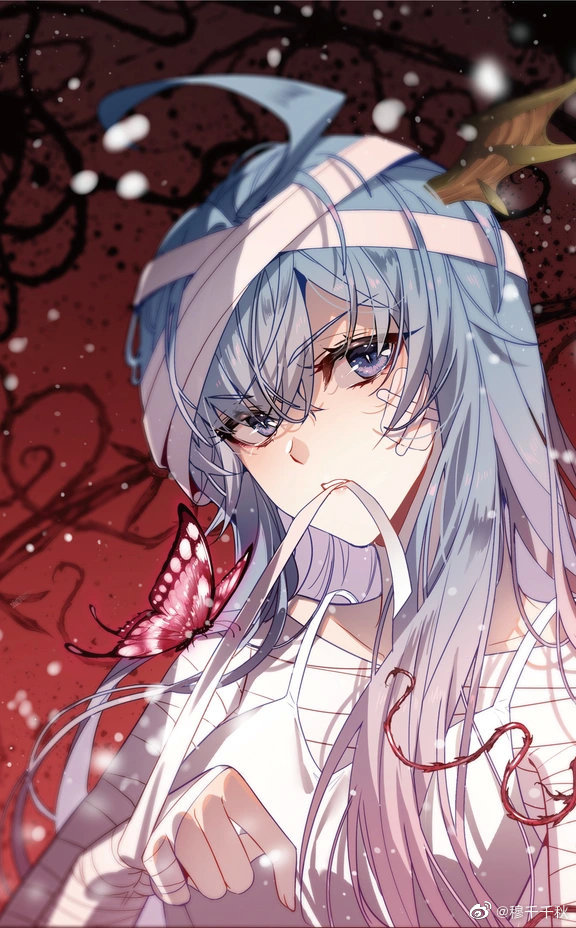 1girl, ahoge, bandage_on_face, bandage_on_hair, bandages, blue_hair, bug, butterfly