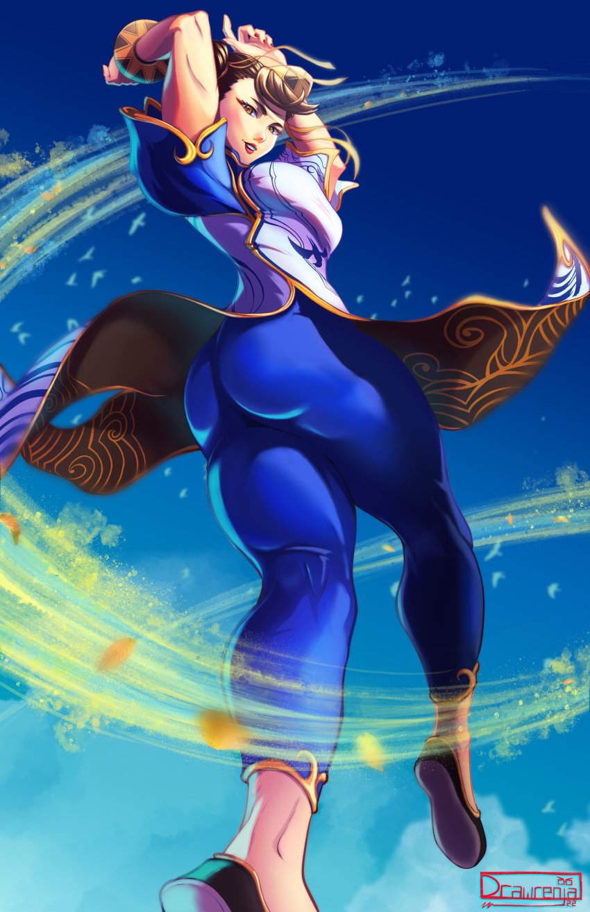 1girl, absurdres, ass, breasts, brown_eyes, brown_hair, capcom, china_dress, chinese_clothes, chun-li, double_bun, drawrenja, dress, from_behind, from_below, hair_bun, highres, jumping, leggings, looking_at_viewer, medium_breasts, pants, shiny_clothes, shiny_skin, sideboob, smile, solo, street_fighter, street_fighter_6, thick_thighs, thighs, wind