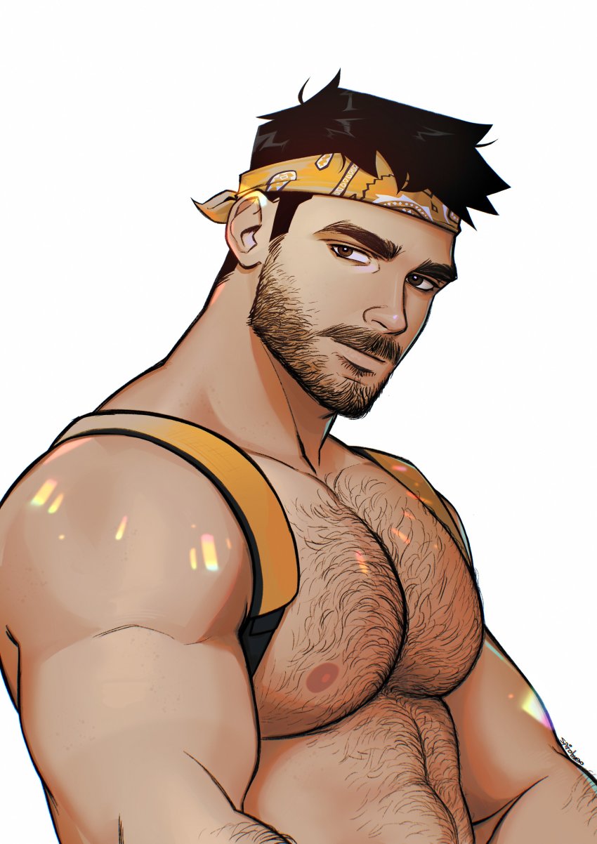 1boy, absurdres, artist_name, bara, black_hair, chest_hair, facial_hair, headband