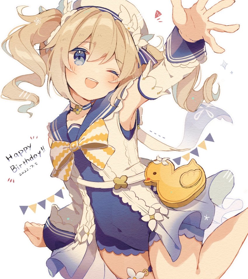 1girl, ;d, barbara_(genshin_impact), barbara_(summertime_sparkle)_(genshin_impact), blonde_hair, blue_eyes, blue_one-piece_swimsuit, string_of_flags