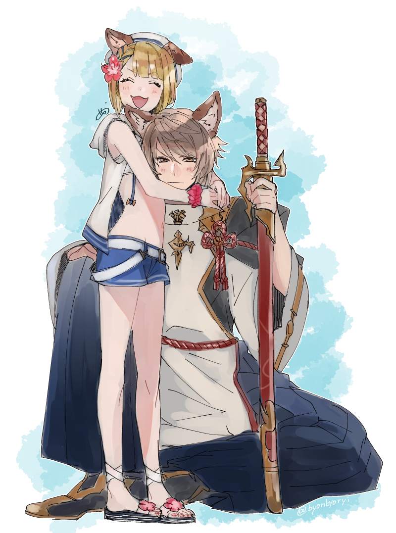 1boy, 1girl, ^_^, animal_ears, basara_(granblue_fantasy), belt, blonde_hair, blue_shorts, blush, brown_hair, byon, closed_eyes, closed_mouth, dog_ears, facing_viewer, full_body, granblue_fantasy, hakama, hat, holding, holding_sword, holding_weapon, hood, hooded_jacket, hug, jacket, japanese_clothes, knee_up, looking_at_viewer, navel, open_mouth, sandals, scrunchie, sheath, sheathed, short_hair, short_shorts, shorts, signature, sitting, sleeveless, sleeveless_jacket, smile, standing, sweatdrop, sword, vajra_(granblue_fantasy), vajra_(summer)_(granblue_fantasy), weapon, wrist_scrunchie