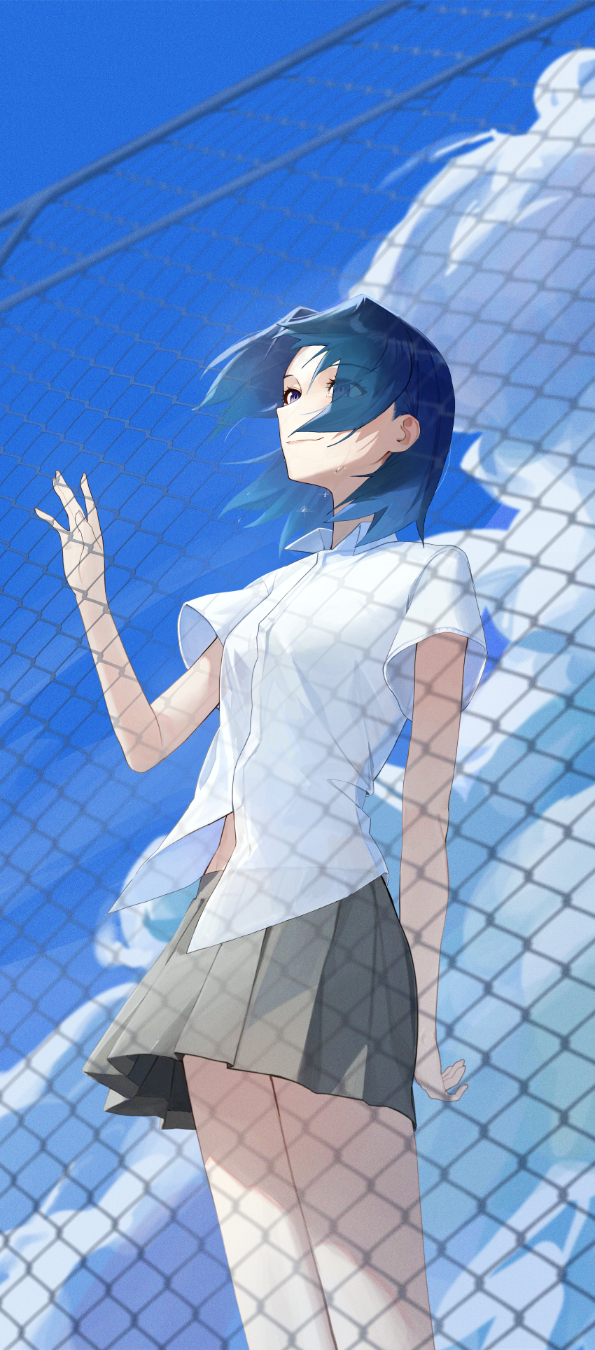 1girl, absurdres, blue_hair, chain-link_fence, cloud, crying, crying_with_eyes_open, day