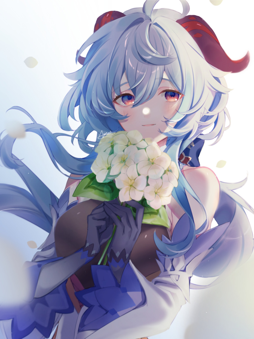 1girl, absurdres, ahoge, ayase_444, bare_shoulders, bell, blue_gloves, blue_hair, blush, breasts, detached_sleeves, flower, ganyu_(genshin_impact), genshin_impact, gloves, highres, holding, holding_flower, horns, long_hair, looking_at_viewer, medium_breasts, neck_bell, petals, purple_eyes, qingxin_flower, sidelocks, signature, smile, solo, upper_body, white_flower, white_sleeves