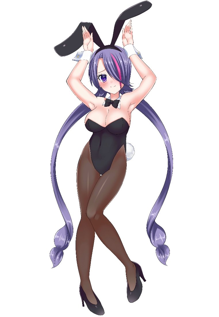 1girl, black_leotard, breasts, cleavage, fujisawa-tan, highleg, highleg_leotard, kumanonegoto028, leotard, playboy_bunny, purple_hair, rabbit_ears