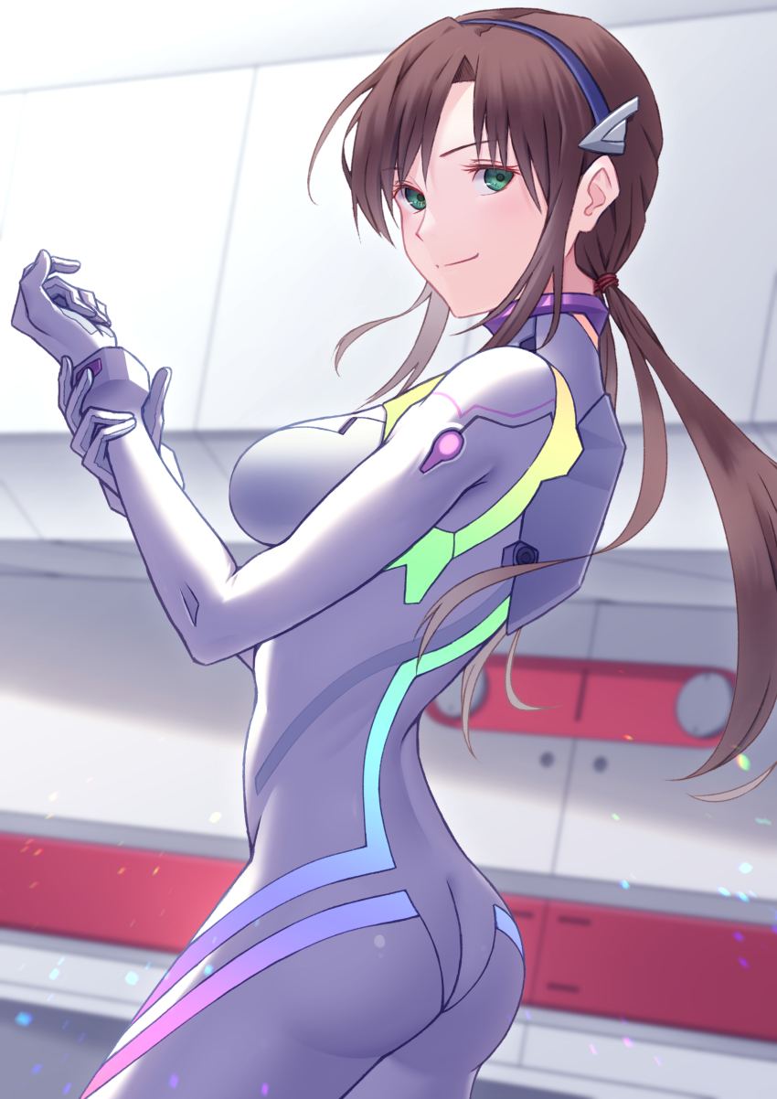 1girl, absurdres, ass, bodysuit, breasts, brown_hair, closed_mouth, cowboy_shot, evangelion:_3.0+1.0_thrice_upon_a_time, floating_hair, from_side, green_eyes, hairband, highres, indoors, ka_ki_o, long_hair, low_twintails, makinami_mari_illustrious, mecha_pilot_suit, medium_breasts, neon_genesis_evangelion, plugsuit_(evangelion), purple_hairband, rebuild_of_evangelion, smile, solo, standing, twintails, very_long_hair, white_bodysuit
