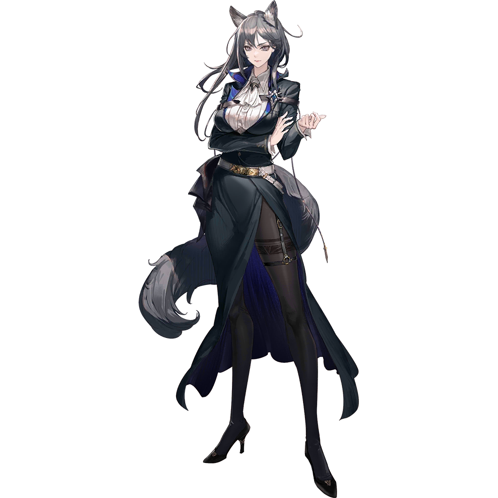 1girl, animal_ear_fluff, animal_ears, arknights, arm_under_breasts, ascot, black_footwear, black_hair, black_pantyhose, black_skirt, breasts, collared_shirt, full_body, game_cg, gertrude_strollo_(arknights), hand_up, high_heels, lips, long_hair, long_sleeves, looking_at_viewer, medium_breasts, non-web_source, pantyhose, purple_eyes, ryuzakiichi, self-datamine, shirt, simple_background, skirt, solo, sprite, standing, tachi-e, tail, thigh_strap, transparent_background, white_ascot, white_shirt, wolf_ears, wolf_girl, wolf_tail