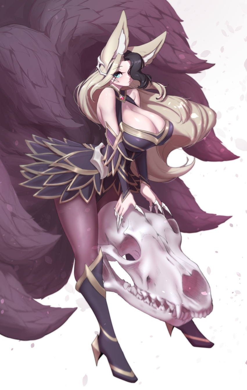 1girl, ahri_(league_of_legends), animal_ear_fluff, animal_ears, animal_skull, armor, armored_boots, armored_dress, bare_shoulders, black_hair, blonde_hair, blue_eyes, blush, boots, breasts, brooch, claw_ring, cleavage_cutout, closed_mouth, clothing_cutout, coven_ahri, detached_sleeves, dress, facial_mark, fox_ears, fox_tail, frown, full_body, hair_ornament, hair_over_one_eye, highres, jewelry, knee_boots, large_breasts, league_of_legends, leaning_forward, long_hair, looking_at_viewer, multicolored_hair, multiple_tails, one_eye_covered, panties, pantyhose, pantyshot, purple_boots, purple_dress, purple_panties, purple_tail, short_dress, solo, streaked_hair, tail, two-tone_hair, underwear, very_long_hair, whisker_markings, white_background, yabby