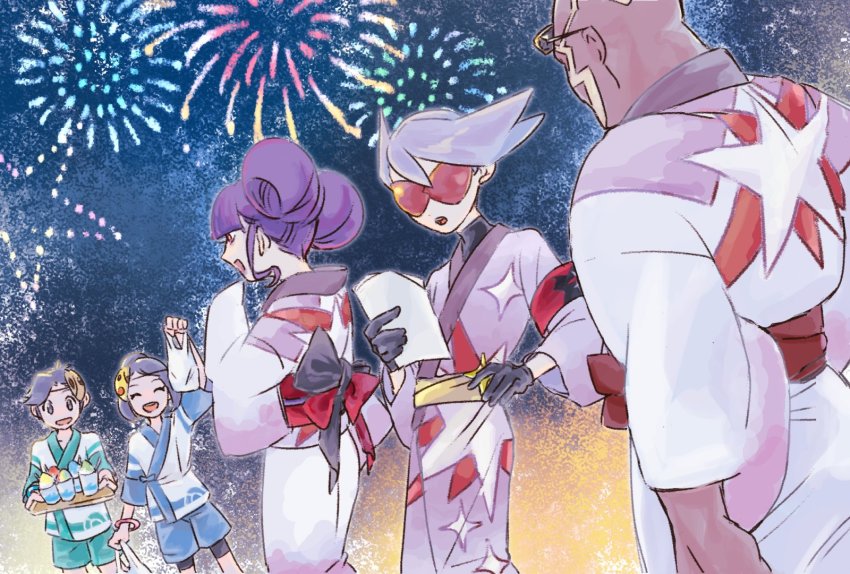 2girls, 3boys, :d, alternate_costume, amajilu, arm_up, bag, bettie_(pokemon), bike_shorts, black_gloves, black_hair, blue_shorts, commentary_request, cup, dark-skinned_male, dark_skin, fireworks, food, gloves, green_shorts, highres, holding, holding_bag, holding_paper, holding_tray, jacket, japanese_clothes, kimono, lear_(pokemon), multiple_boys, multiple_girls, night, nintendo, open_mouth, outdoors, paper, pokemon, pokemon_masters_ex, rachel_(pokemon), red-framed_eyewear, sawyer_(pokemon_masters_ex), scottie_(pokemon), shaved_ice, shorts, sky, smile, sunglasses, tray