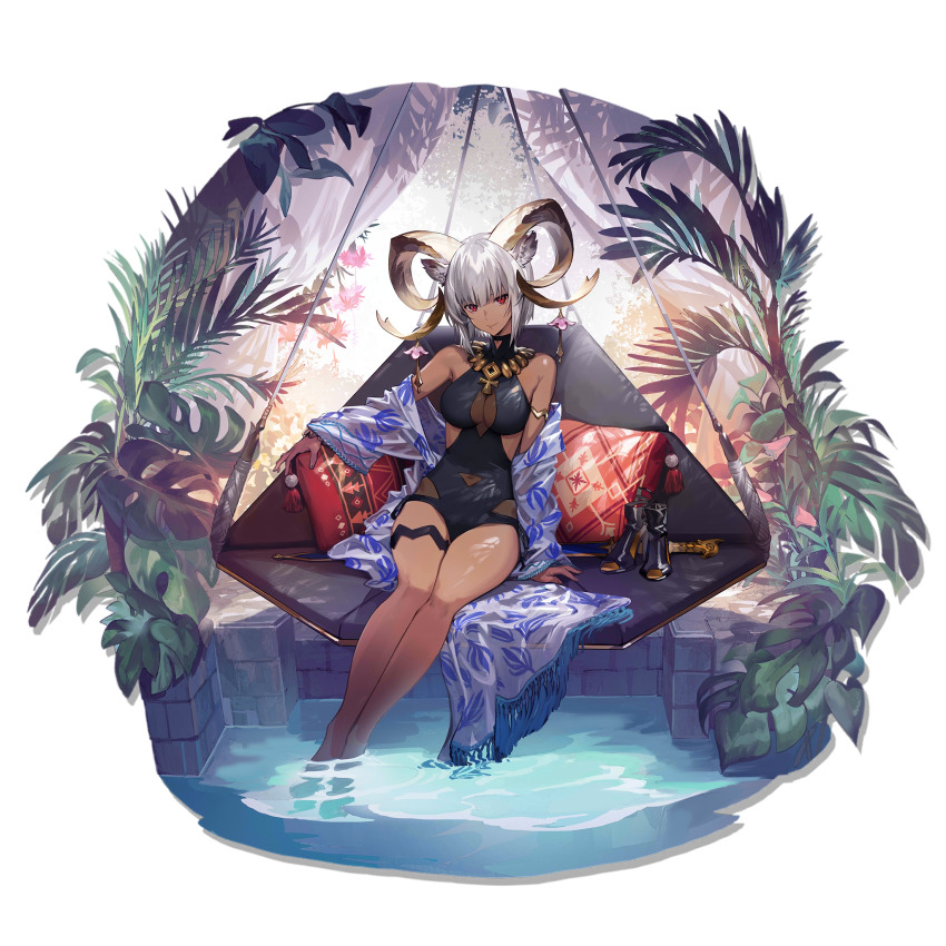 1girl, animal_ears, arknights, black_one-piece_swimsuit, breasts, carnelian_(arknights), carnelian_(shimmering_dew)_(arknights), casual_one-piece_swimsuit